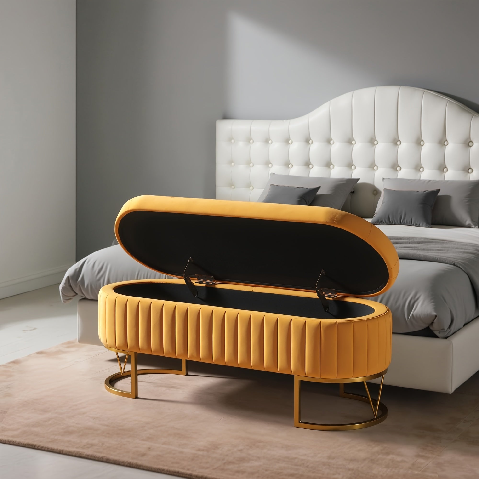 White Velvet Upholstered Storage Ottoman Footrest with Golden Legs