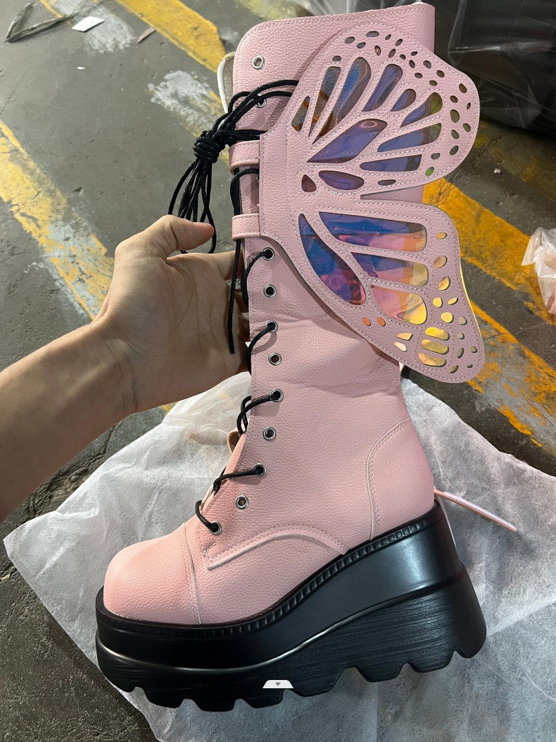 Punk Gothic Chunky Platform Boots with Butterfly Lace-Up Ankle & Calf Straps