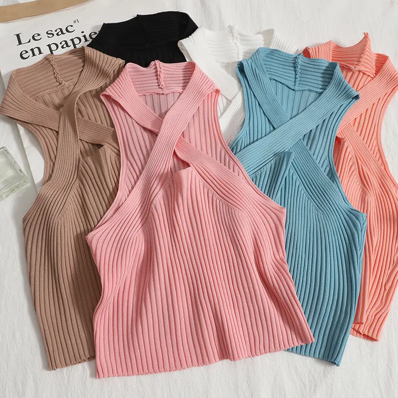 Knitted Off Shoulder Halter Neck Crop Top