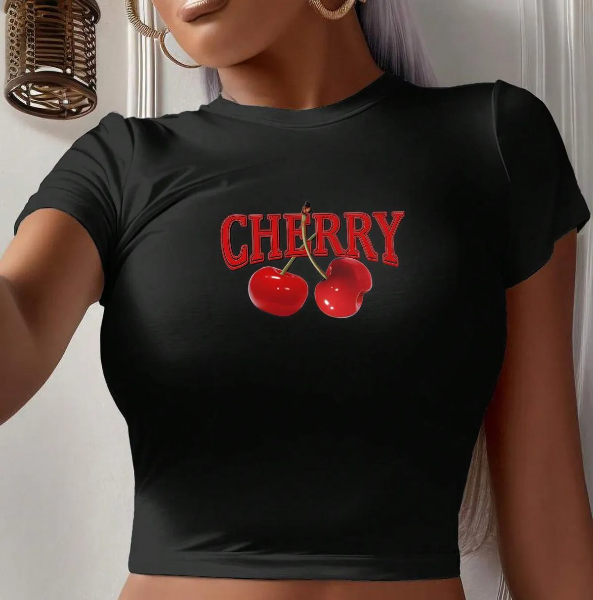 Slim-Fit Letter Cherry Printed Crop T-shirt
