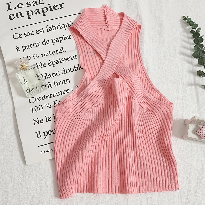 Knitted Off Shoulder Halter Neck Crop Top