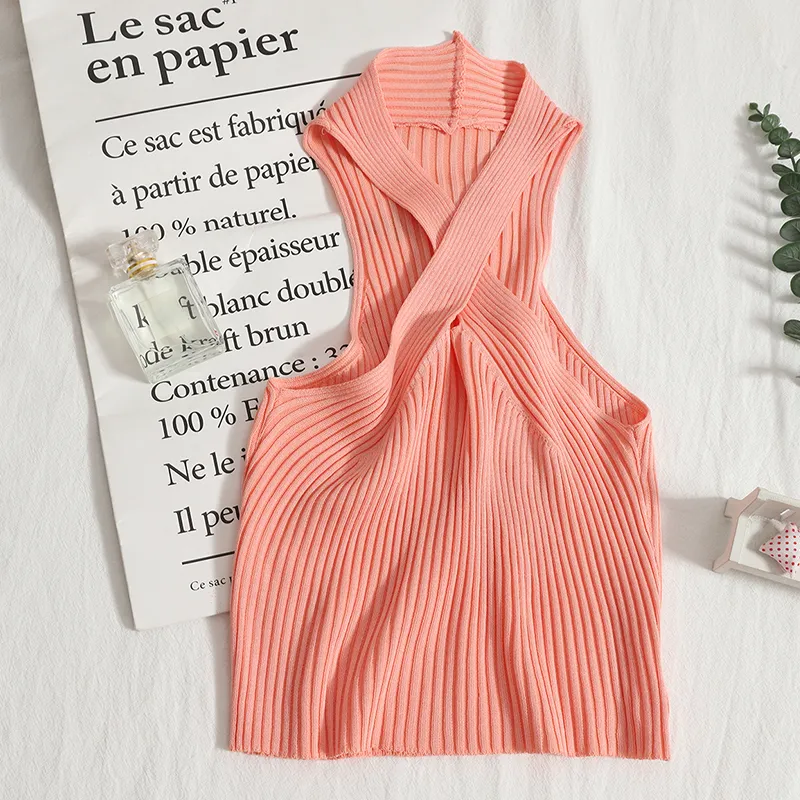 Knitted Off Shoulder Halter Neck Crop Top