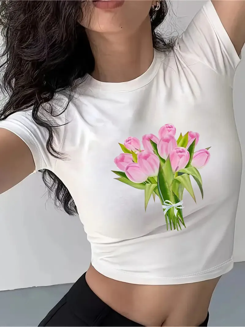 Slim-Fit Letter Cherry Printed Crop T-shirt