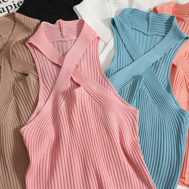 Knitted Off Shoulder Halter Neck Crop Top