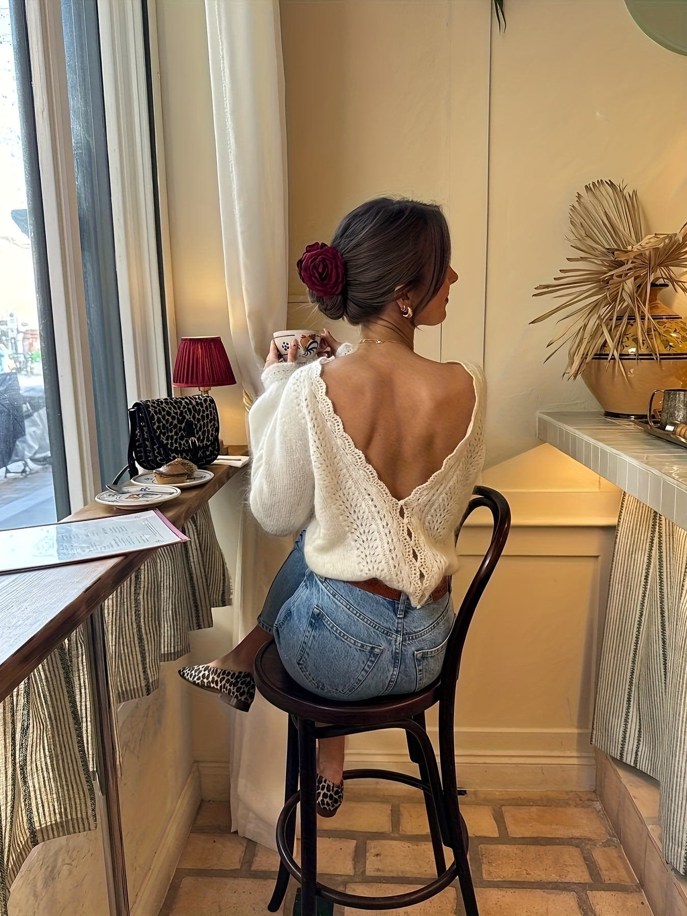 Backless Crochet Button Design Long Sleeve Pullover Sweater