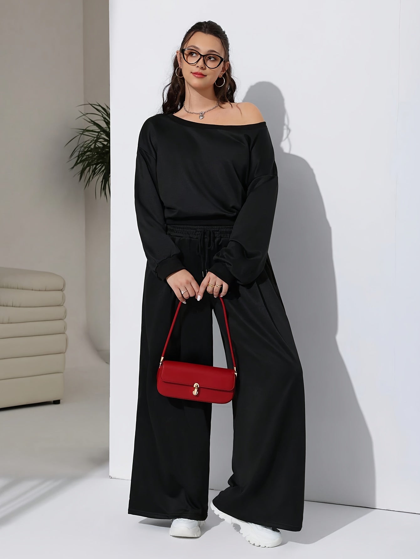 Casual Sweatshirt and Wide Leg Pants Set