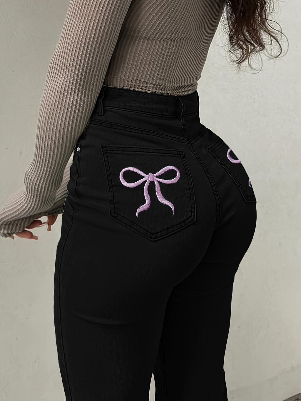 Women'S High-Waisted Stretch Denim Flare Jeans with Embroidered Bow Detail, Street Style Casual Pants, All-Season Comfort, Blue, High Waisted Jeans, Comfortable Fashion, Durable Fabric