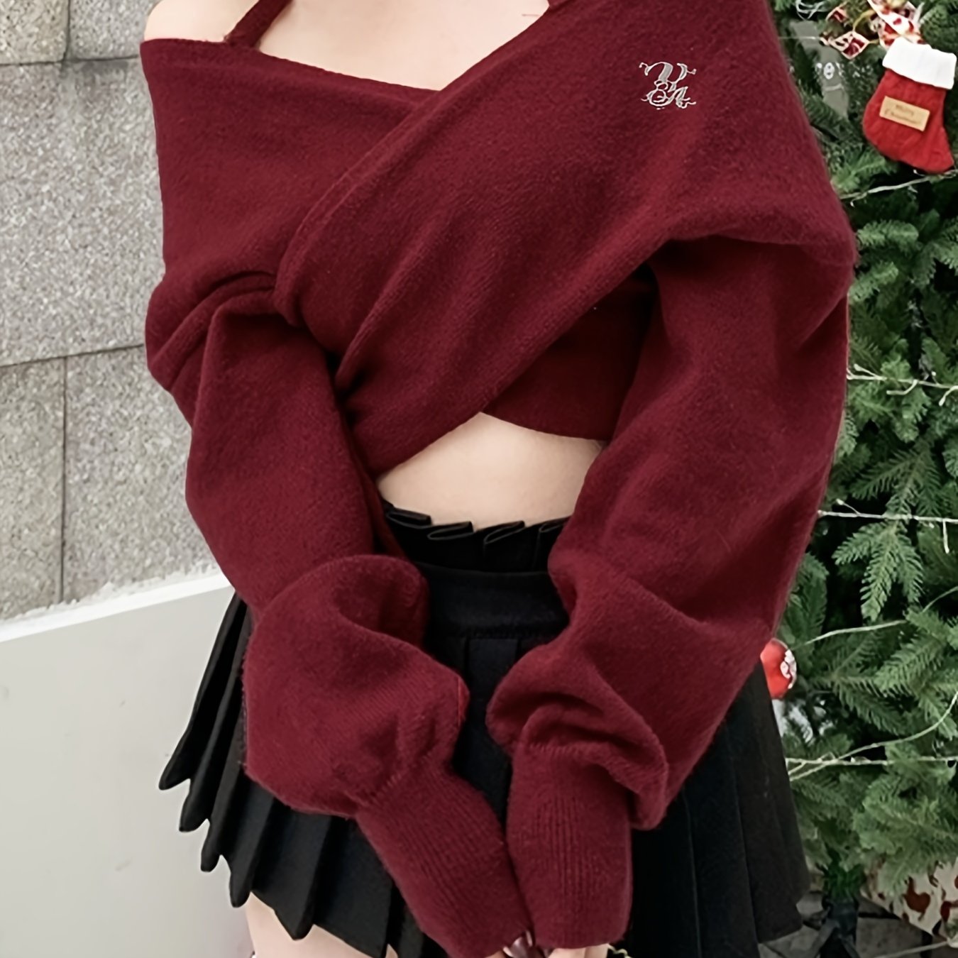 Women's Off-the-Shoulder Cross Front Sweater - Soft Warm Winter Pullover with Deep Red Solid Color, Korean Fashion Short Length Top for Casual & Festive Outfits, Autumn Wardrobe Essential, Notched Collar Design, Soft Texture