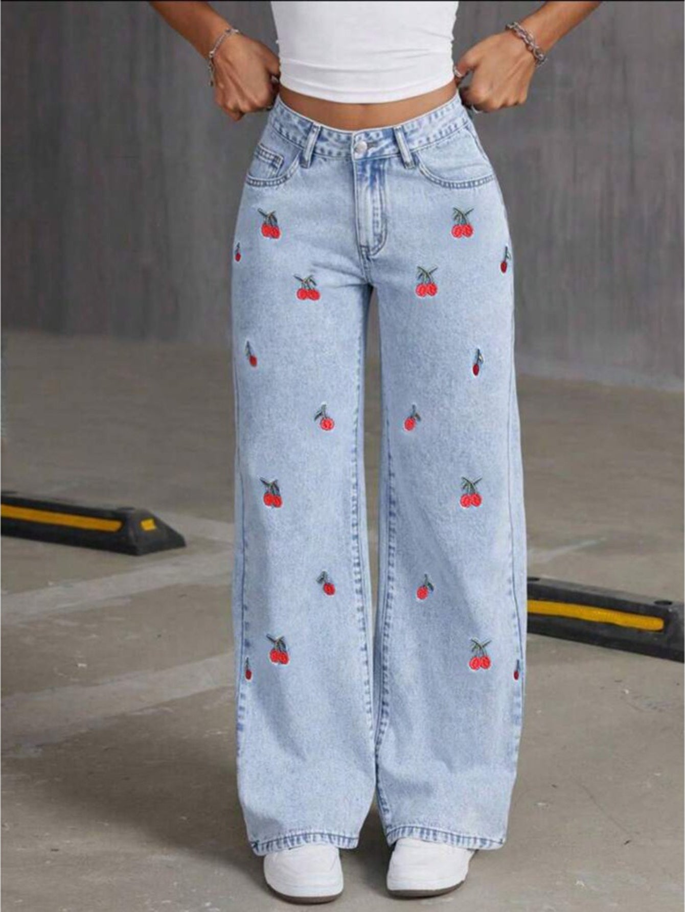 Light Blue High - Waisted Wide - Leg Jeans. Two Styles: Bow Embroidery & Cherry Embroidery