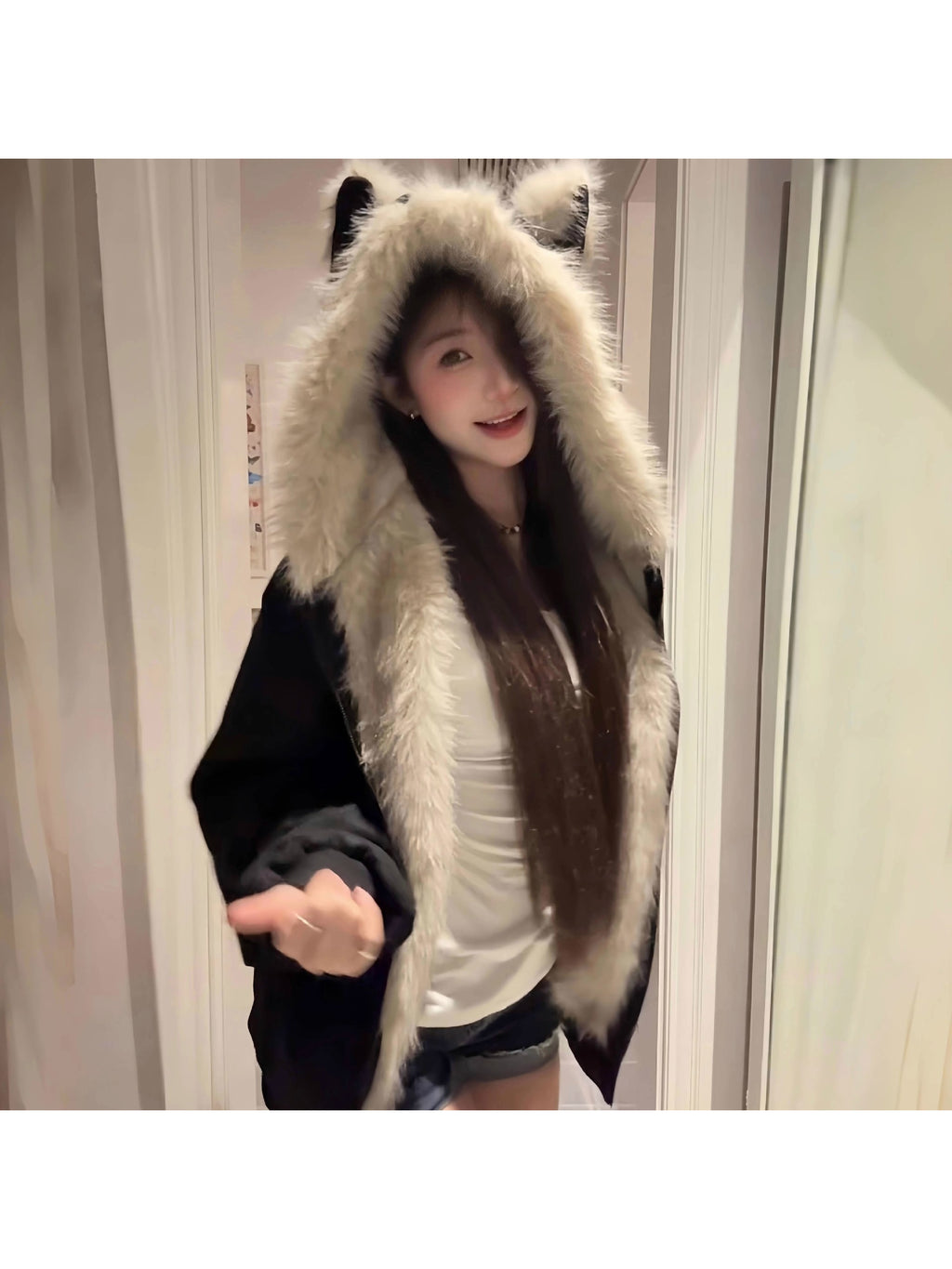 Winter Ear Coat with Black Fur Collar