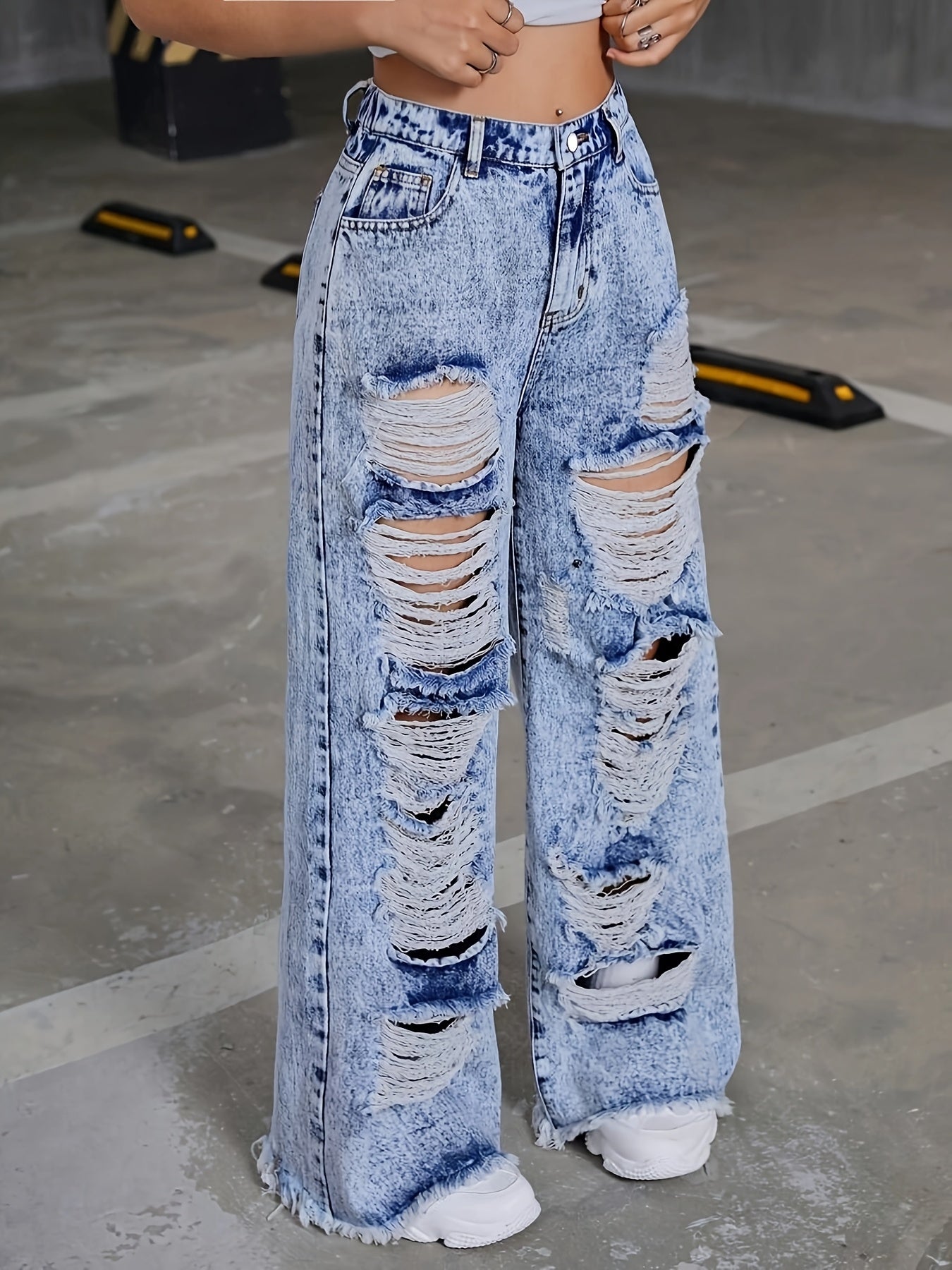 Women'S High-Rise Straight Leg Distressed Denim Jeans - Street Style Raw Hem Ripped Details, Machine Washable Non-Stretch Jeans for All-Season Casual Wear, High Waisted Jeans, Allseason Jeans, Streetstyle Jeans, Nonstretch Fa