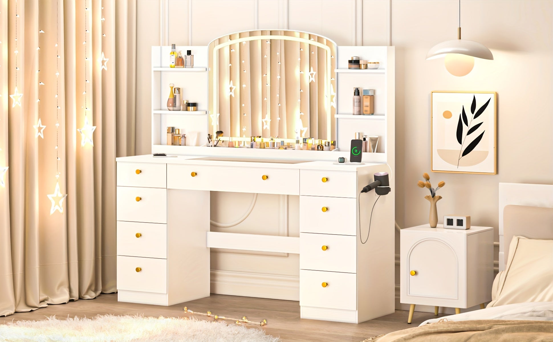 Modern White Makeup Vanity Desk with Large LED Mirror & Charging Station