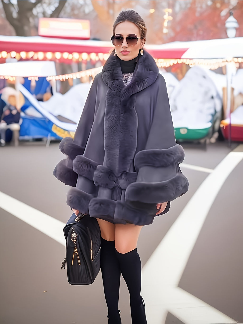 Faux Rabbit Fur-Lined Hooded Cape