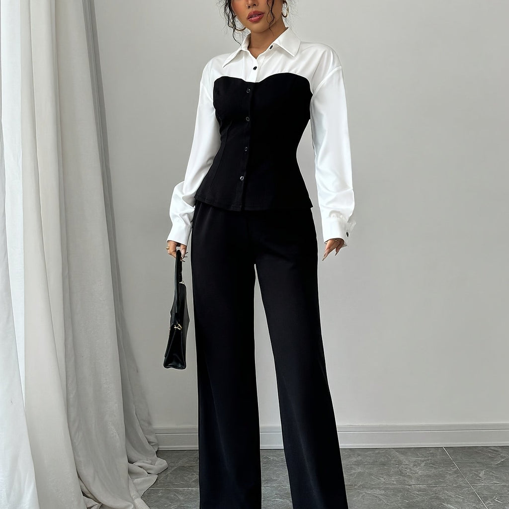 Women'S Elegant Two-Piece Outfit: Color Block Long Sleeve Shirt + Wide-Leg Pants, Polyester Blend, All-Season Wear, Casual Attire|Elegant Two-Piece|Polyester Blend