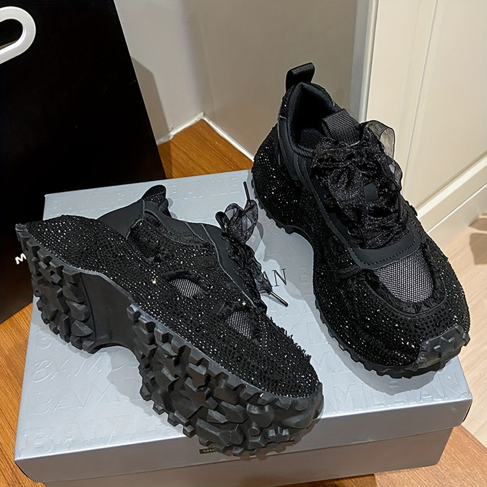 Rhinestone-Embellished Sneakers with Thick Platform Sole