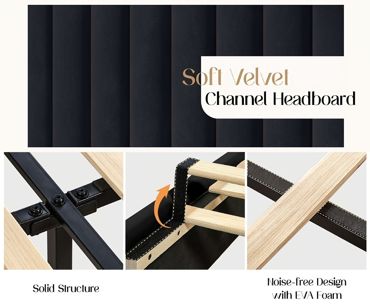 Modern Velvet Platform Bed with Channel Tufted Wingback Headboard