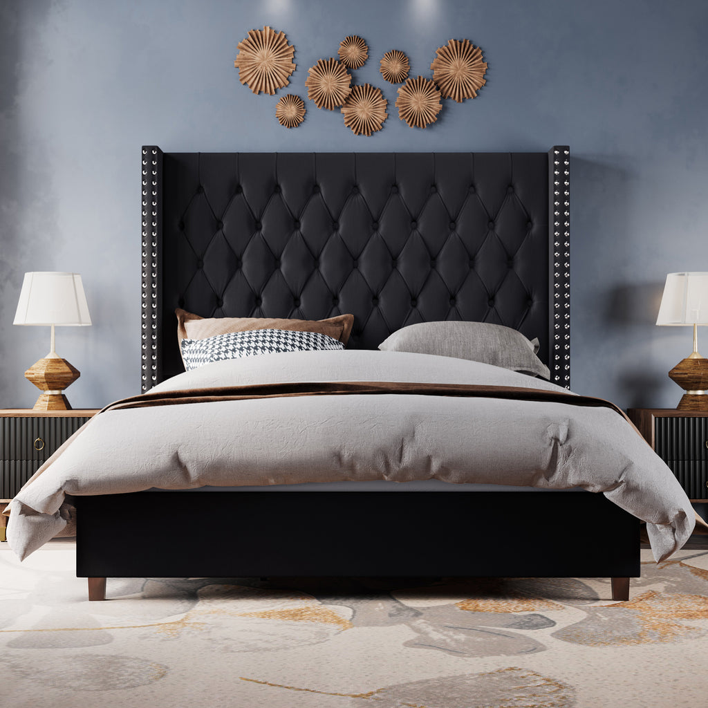 61.4" Tall Luxury Bed Frame with Tufted Wingback Headboard