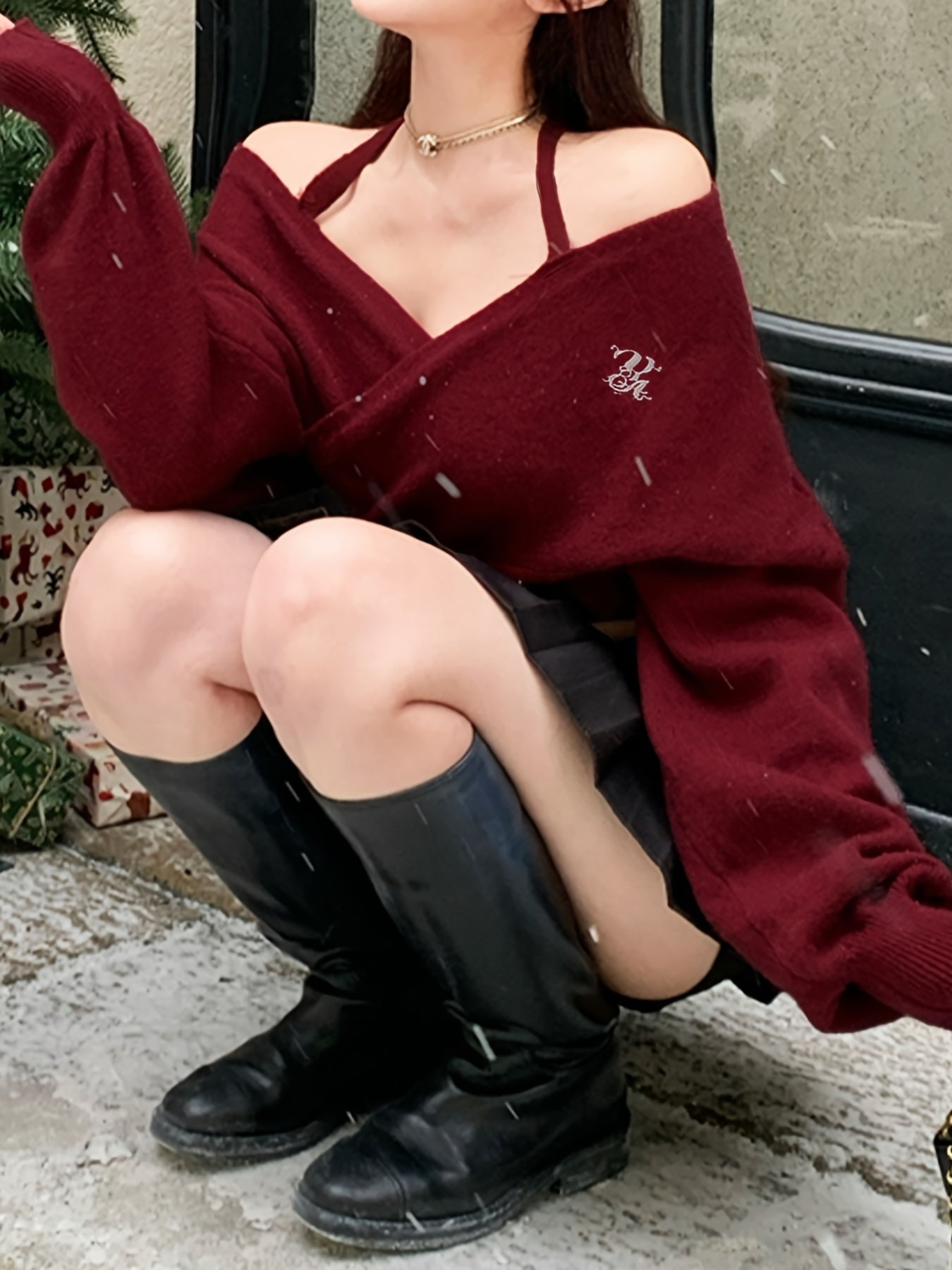 Women's Off-the-Shoulder Cross Front Sweater - Soft Warm Winter Pullover with Deep Red Solid Color, Korean Fashion Short Length Top for Casual & Festive Outfits, Autumn Wardrobe Essential, Notched Collar Design, Soft Texture