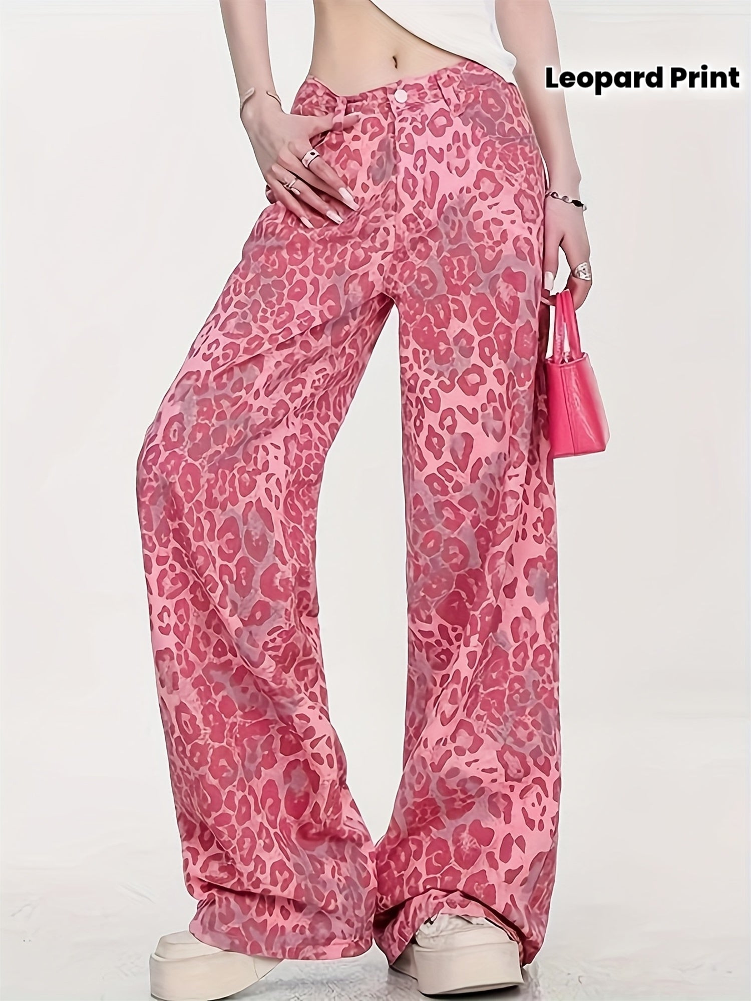 Loose Pink Leopard Print Denim Long Pants
