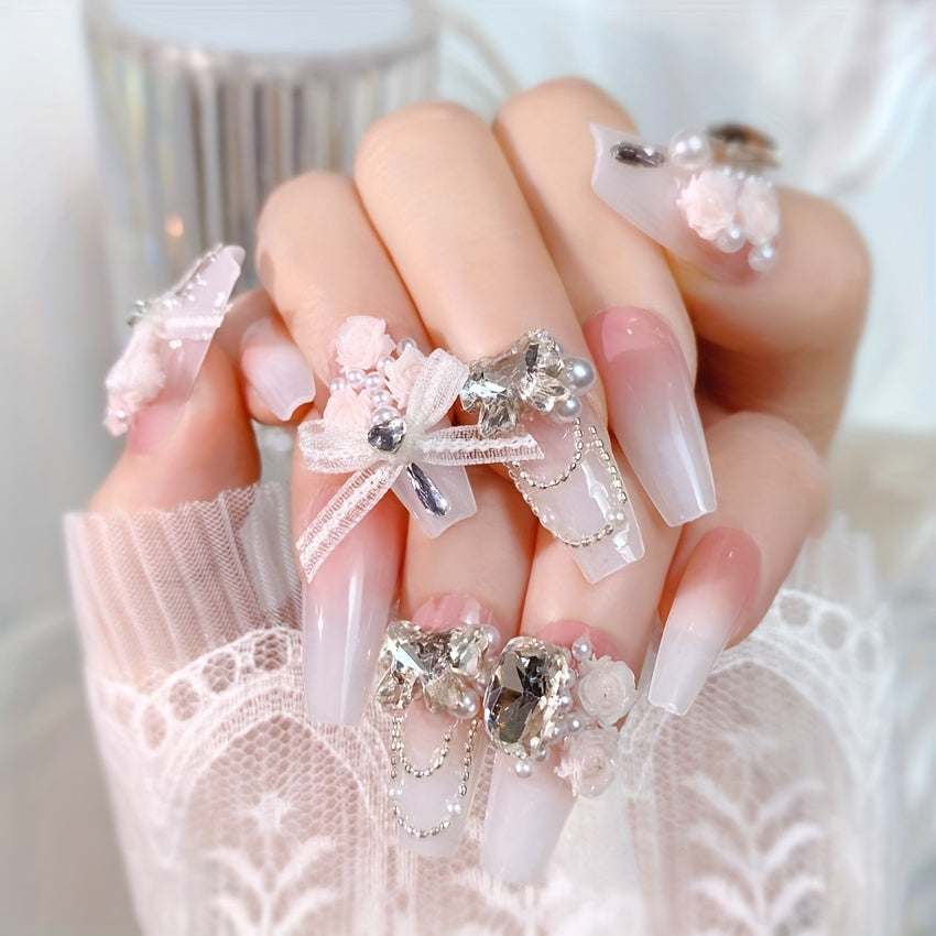 [24pcs} Spring and Summer Pink Gradient Flower Lace Bow Medium Ballet Shaped Nails