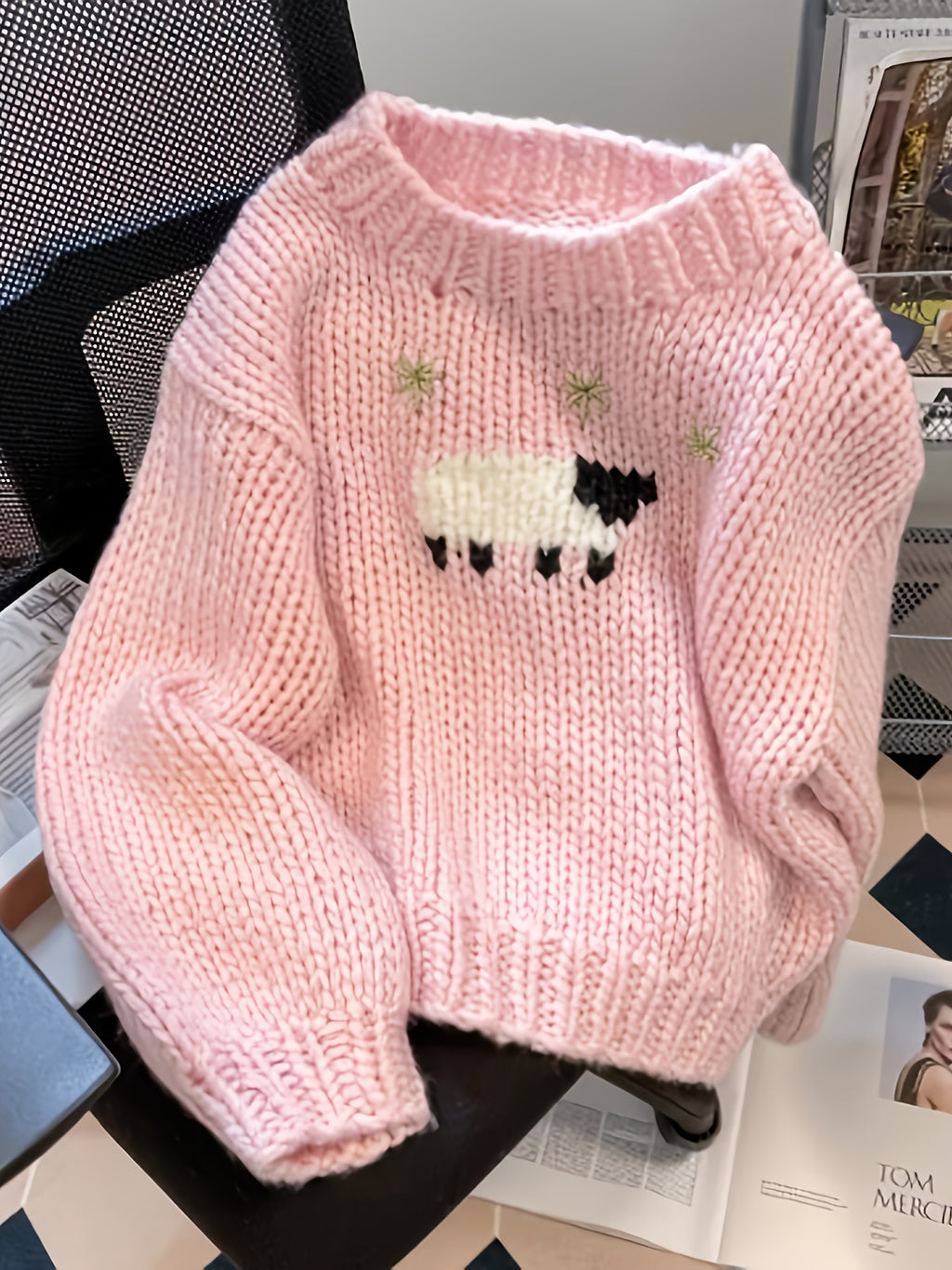 Soft Pastel Pink Sweater with Cute Sheep, Round Neck Loose Fit Pullover
