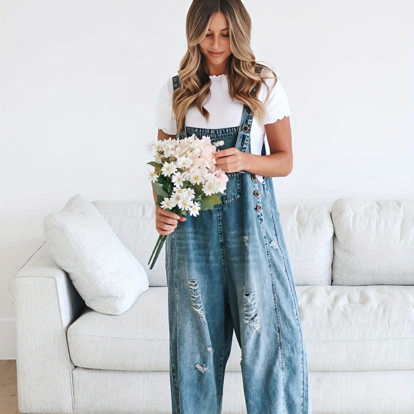 Distressed Denim Overalls
