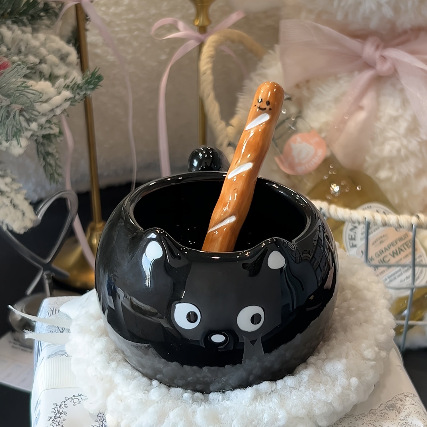 {1/2pcs} Cat-shaped Ceramic Mug, with a Bread-shaped Stirring Stick
