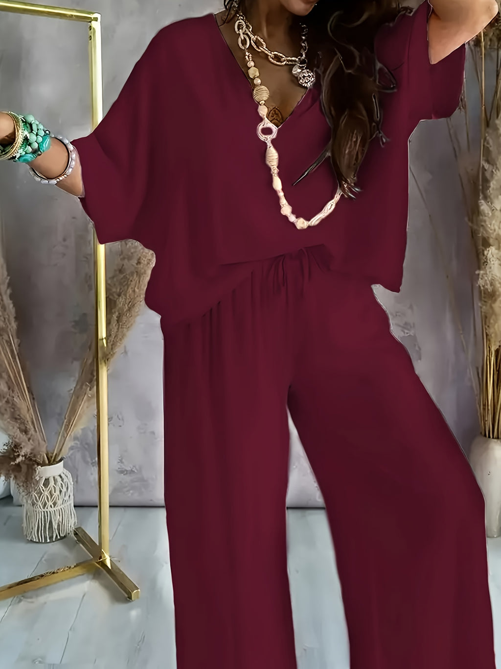 Solid Color V-Neck Casual Suit