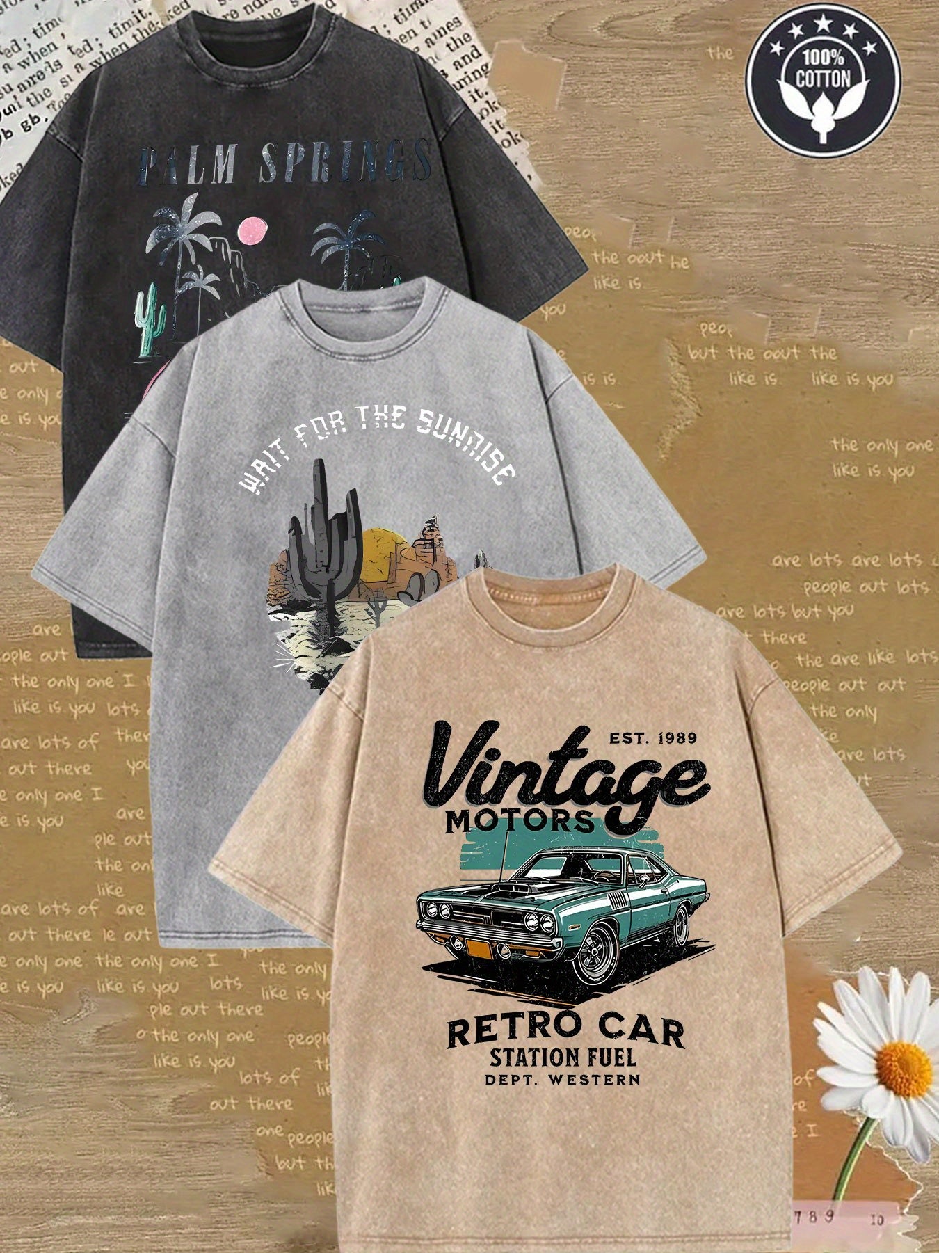 Women'S Vintage Washed T-Shirt - Retro Classic Car Graphic Tee in Beige/Black/Teal - Soft Breathable Loose Fit Shirt for Everyday & Halloween Outfits - Lightweight Summer Top for Women, Ladies T Shirts, Street Style Apparel,