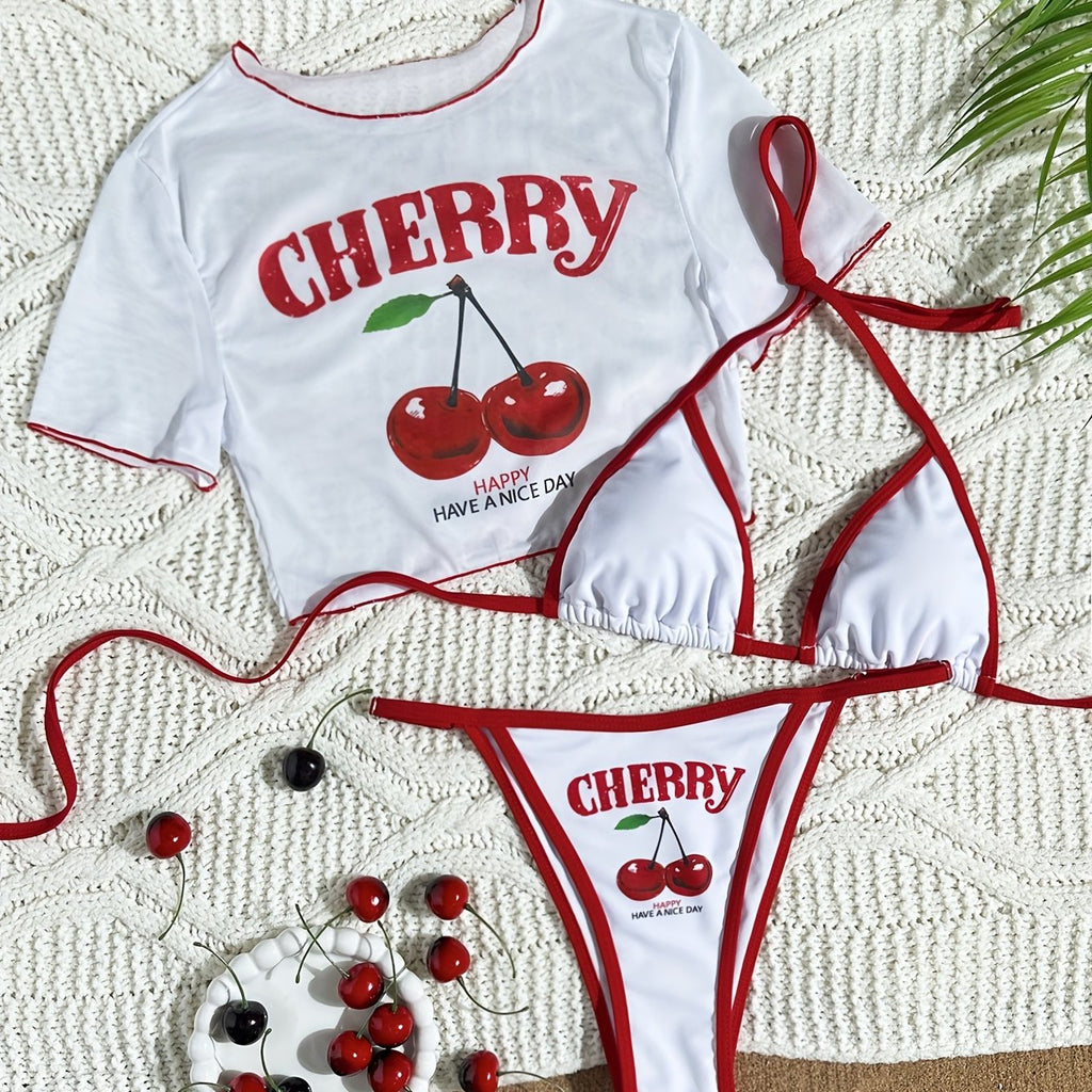 Letter Print Three-Piece Swimsuit Set with Halter Neck Top and High-Cut Triangle Bottoms Cherry Print