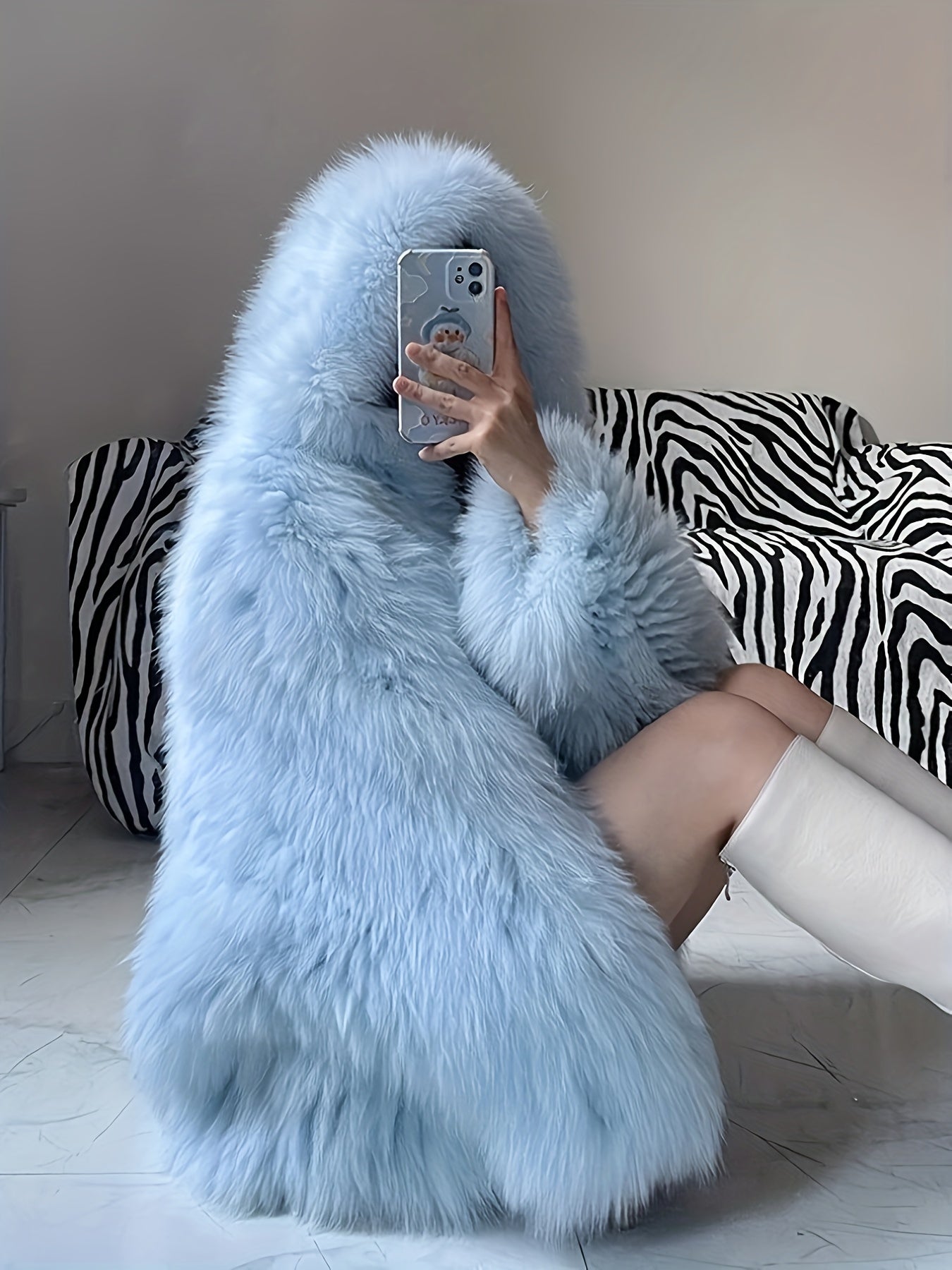 Women's Faux Fur Hooded Jacket - Elegant Winter Coat with Hood, Soft Fuzzy Outerwear, Machine Washable Long Sleeve Blue Coat for Fall & Winter, Cozy Jacket for Parties,, or Casual Wear (No- Design)