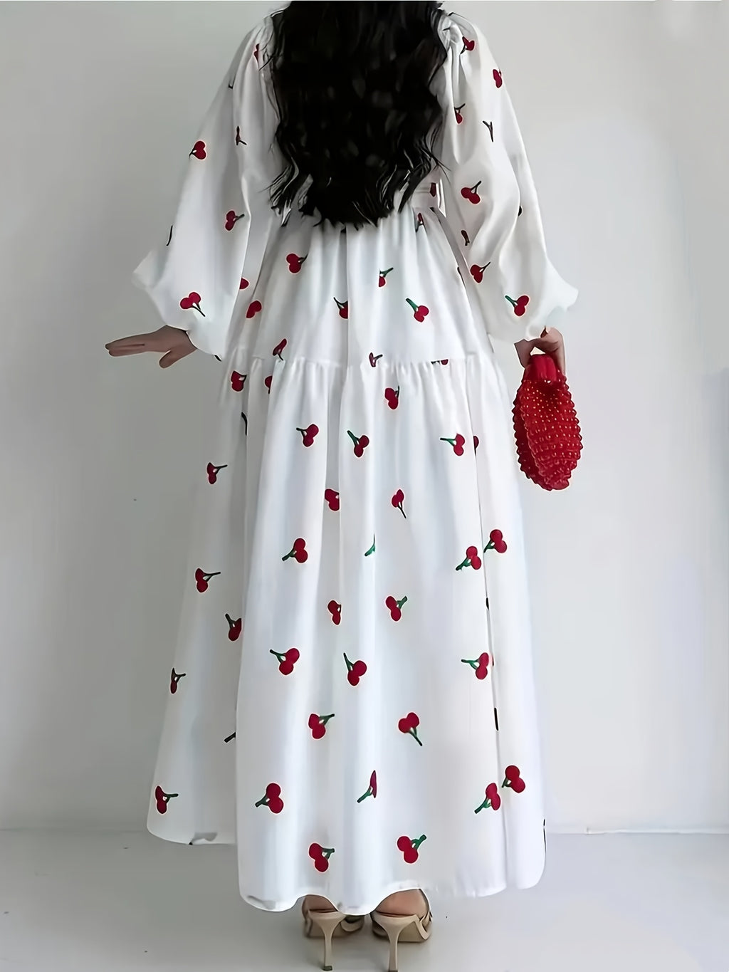Cherry Print A-Line Maxi Dress with Collar & Puffed Short Sleeves