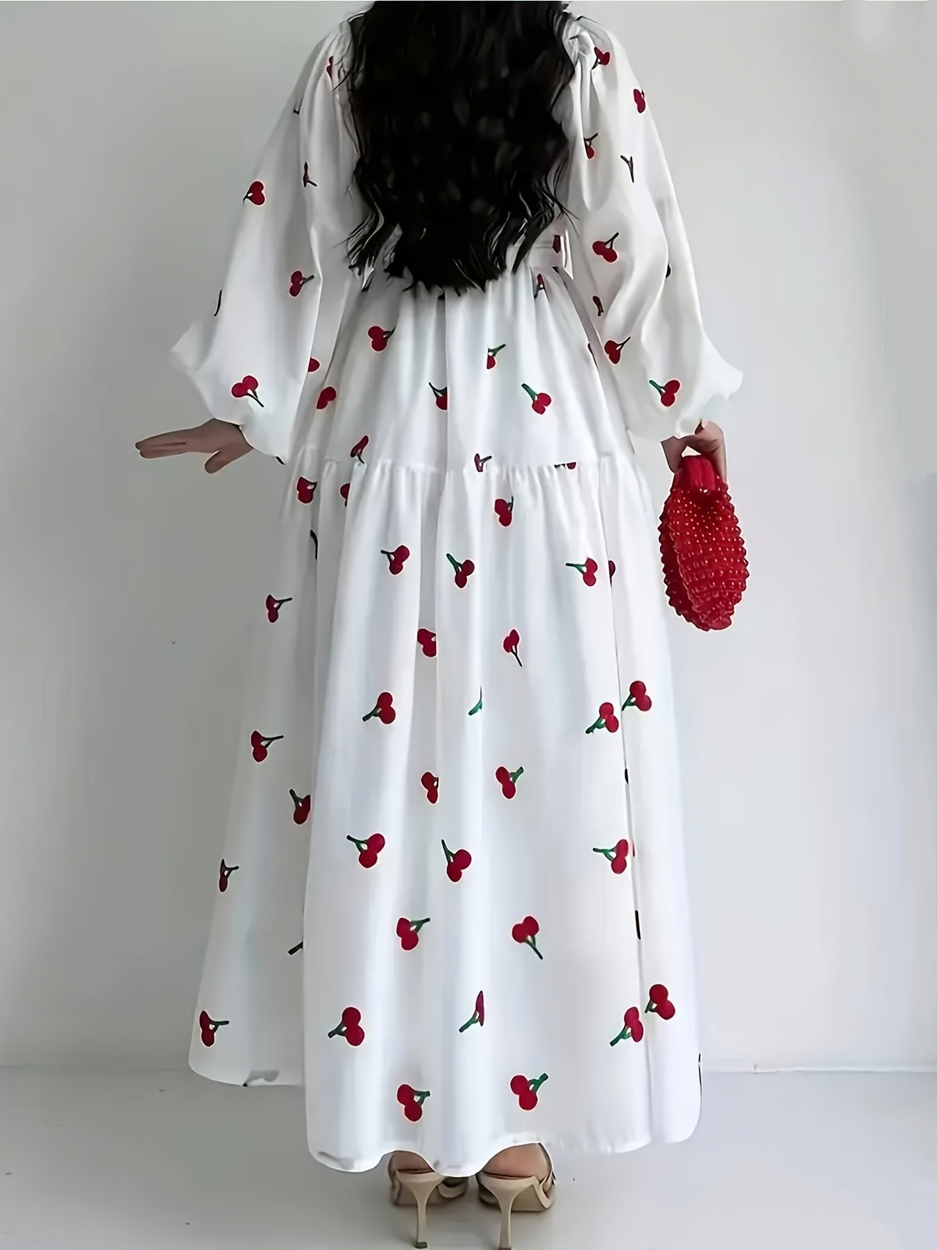 Cherry Print A-Line Maxi Dress with Collar & Puffed Short Sleeves