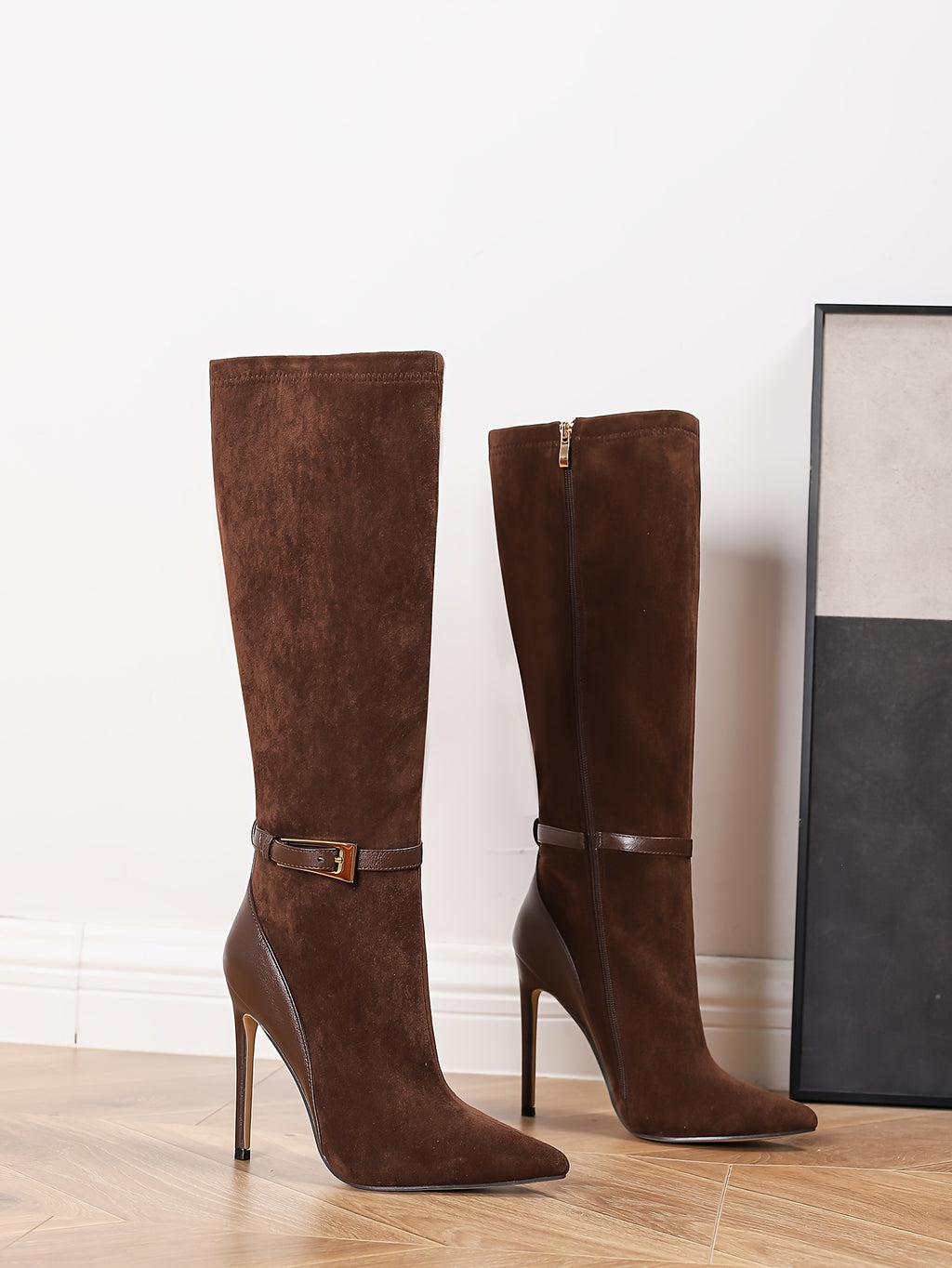 Elegant Brown Knee-High Stiletto Boots with Zipper Closure