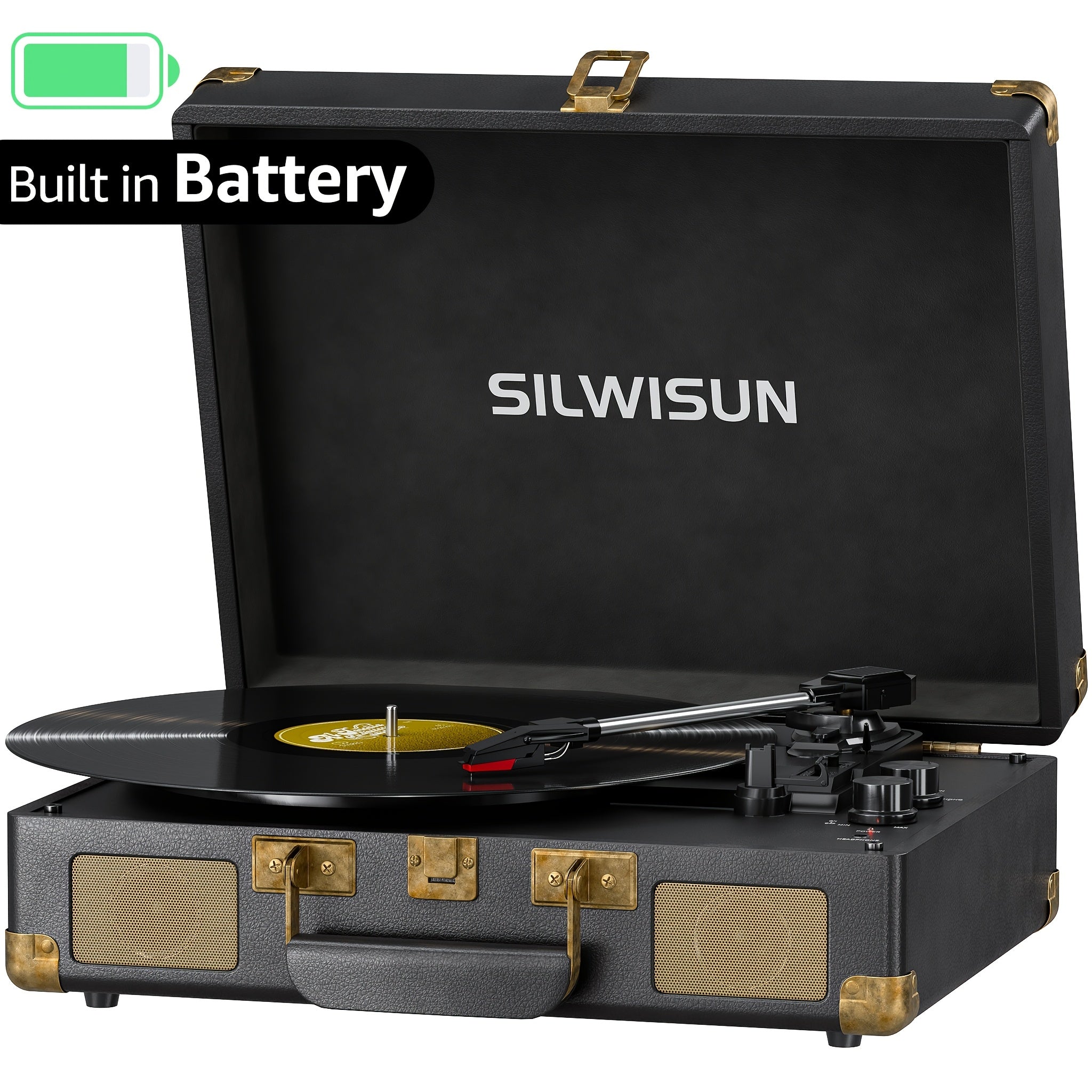 Portable Silwisun Vinyl Record Player with 3-Speed Turntable, Built-In Battery & Speakers, Wireless Connectivity, Aux/RCA Input, Type-C Charging