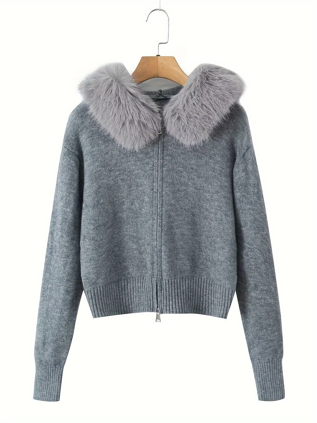 Hooded Zip-Up Cardigan with Faux Fur Trim