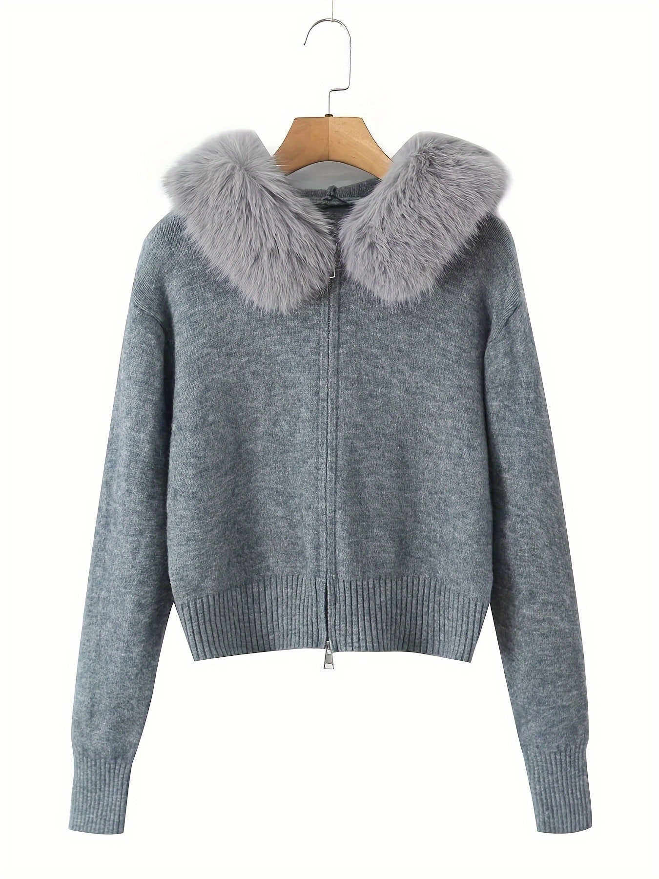 Hooded Zip-Up Cardigan with Faux Fur Trim