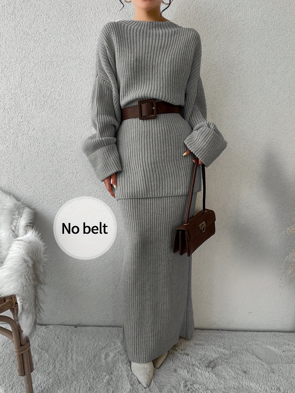 Drop Shoulder Ribbed Crew Neck Sweater Set and Maxi Dress