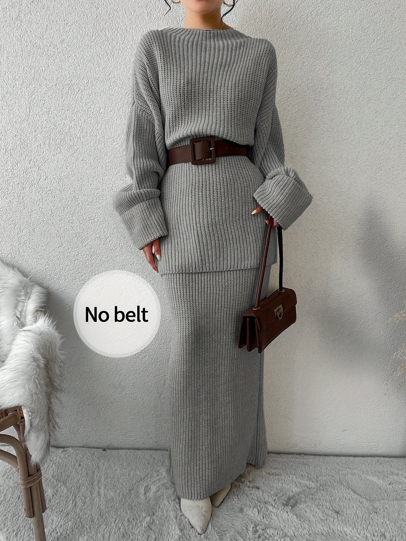 Drop Shoulder Ribbed Crew Neck Sweater Set and Maxi Dress