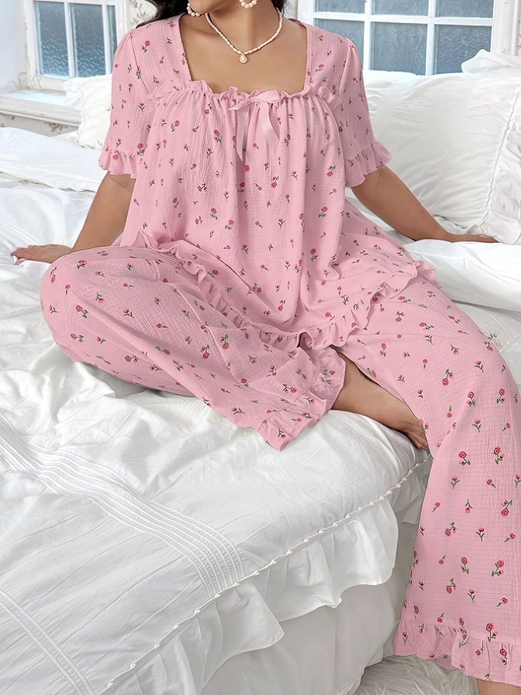 Casual Loose Floral Print Square Neck Bow Decor Pleated Hem Ruffle Edge Short Sleeve Top Set