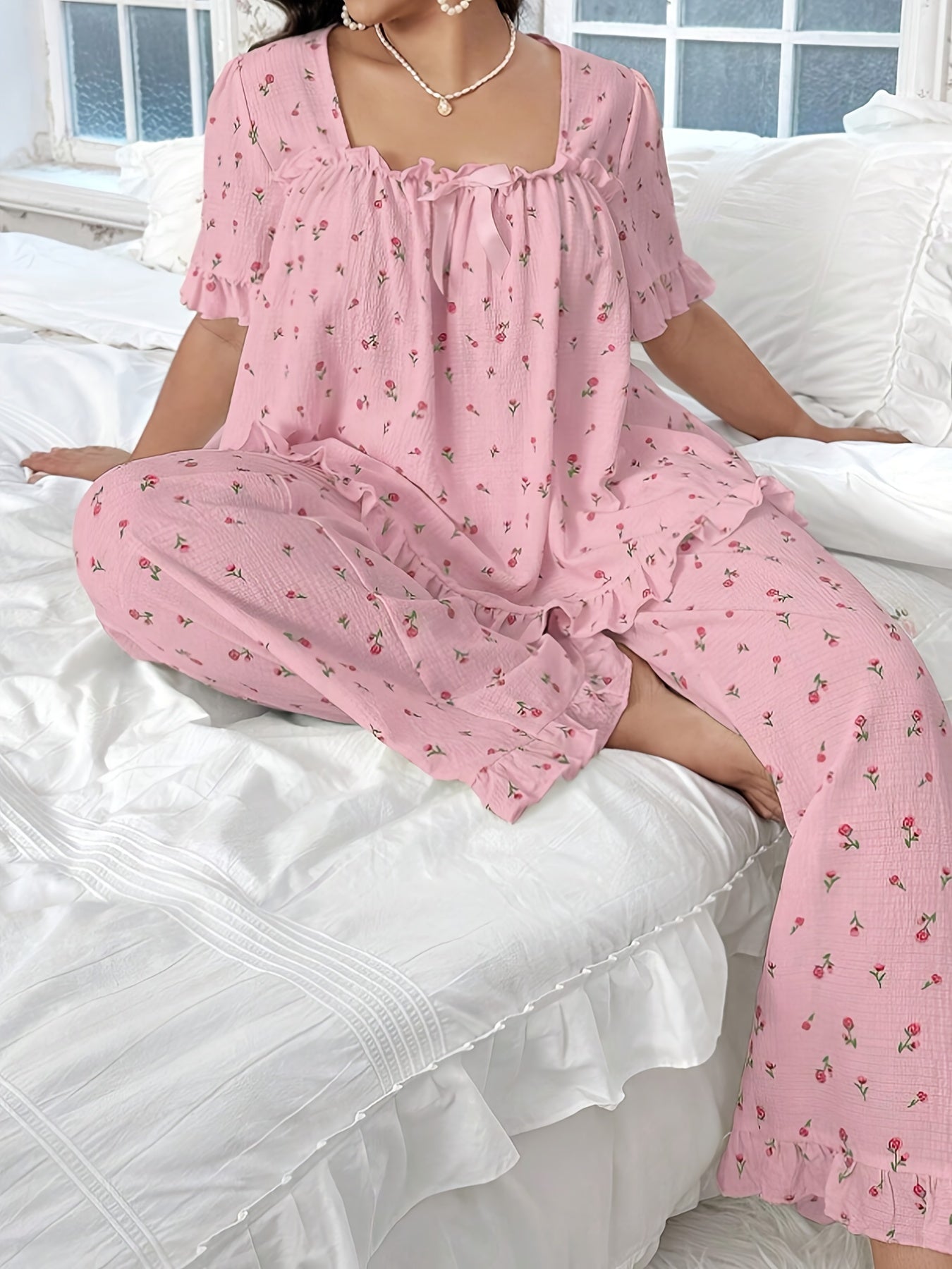 Casual Loose Floral Print Square Neck Bow Decor Pleated Hem Ruffle Edge Short Sleeve Top Set