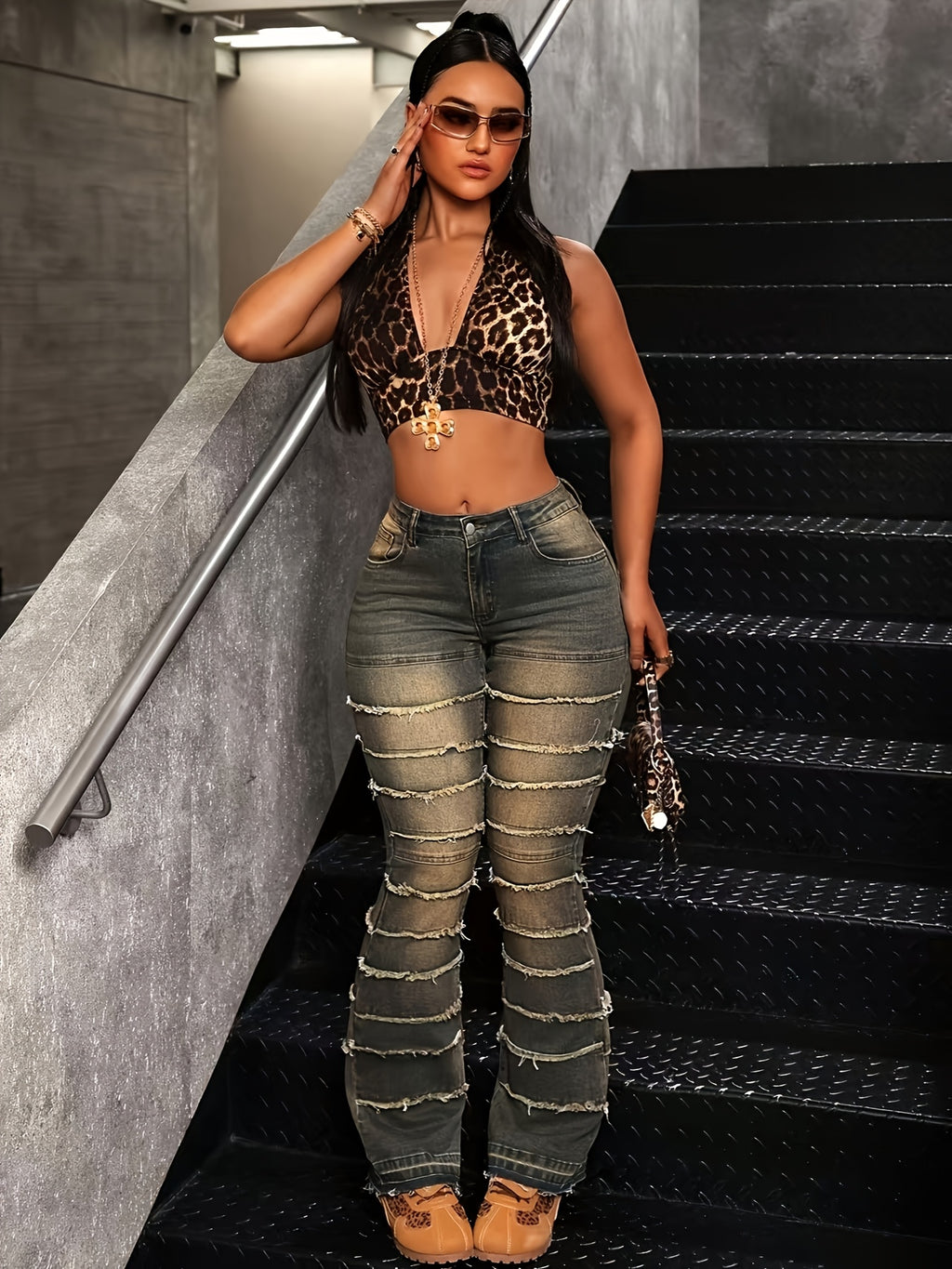 Multi-Layer Frayed Hem Pick-Stitch Denim Bootcut Pants