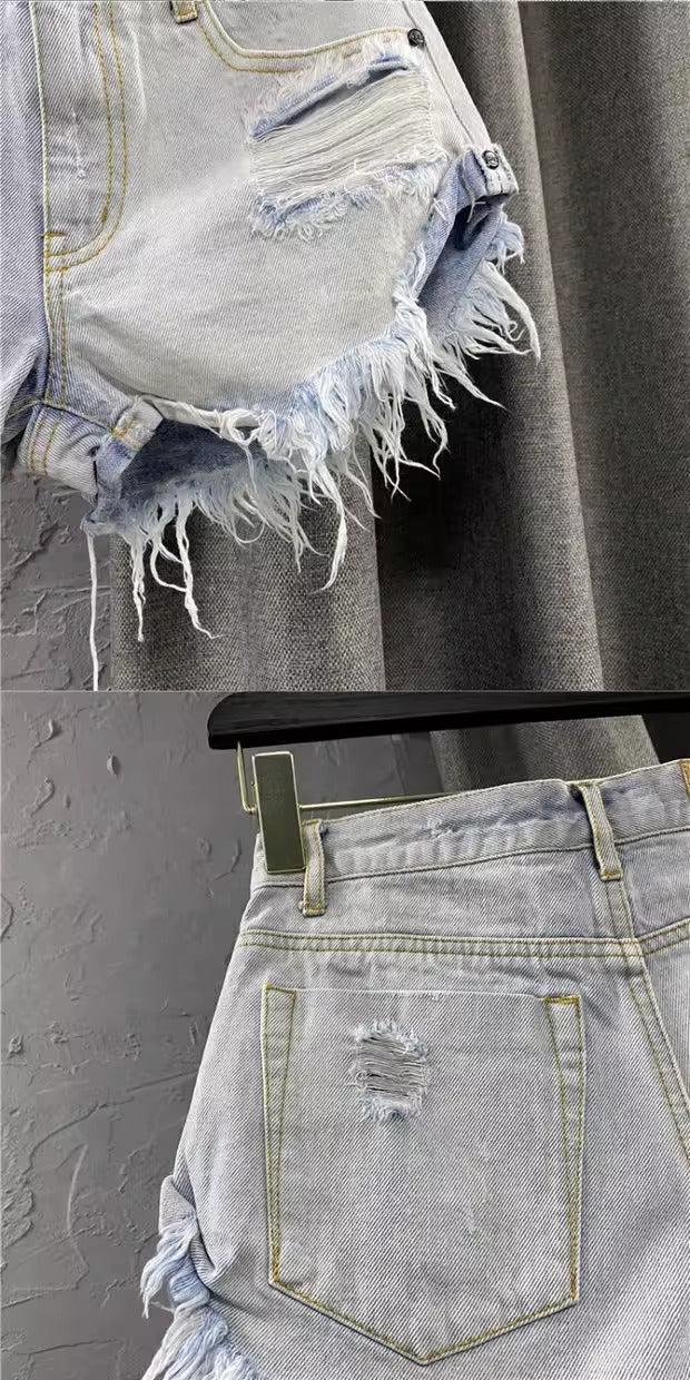 Raw Hem Distressed A-Line Denim Shorts