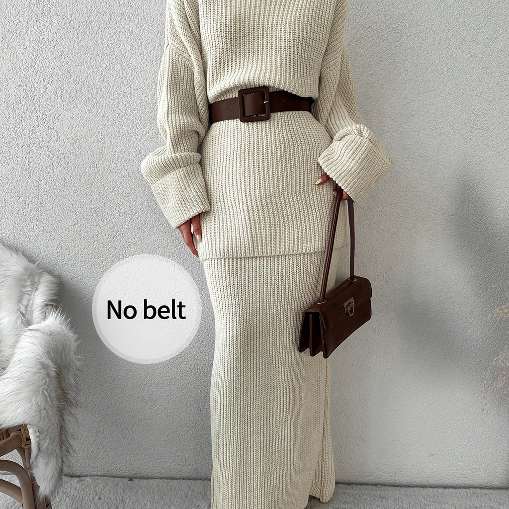 Drop Shoulder Ribbed Crew Neck Sweater Set and Maxi Dress