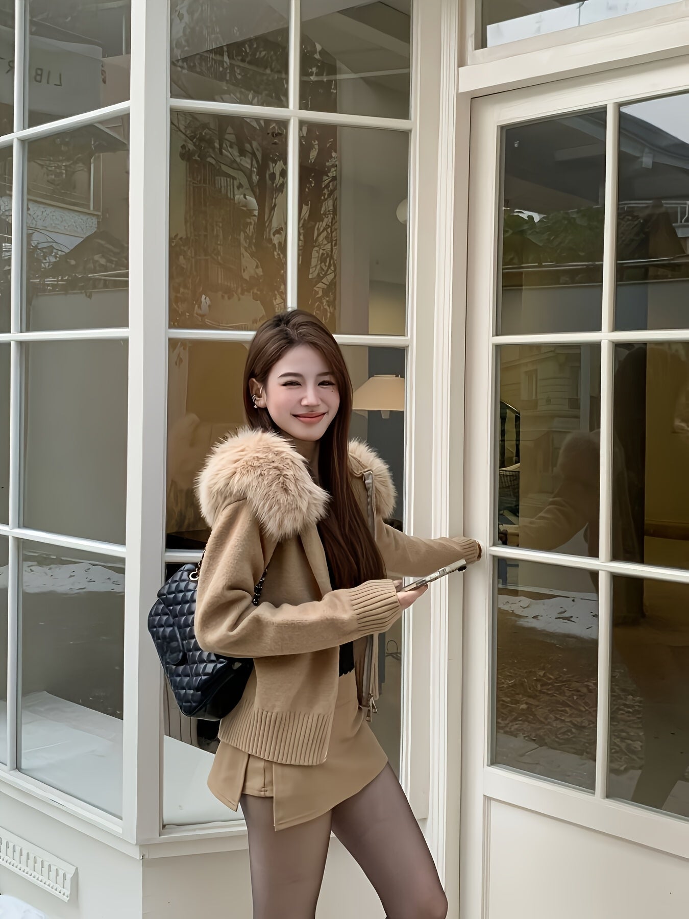 Hooded Zip-Up Cardigan with Faux Fur Trim