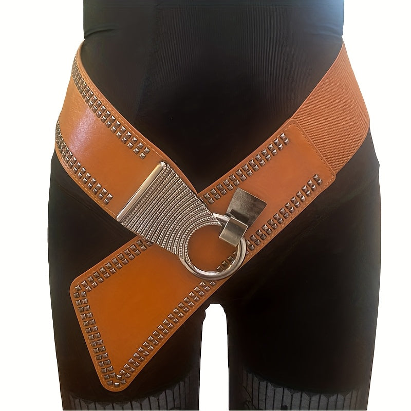 2025 New Vintage Bohemian Rivet-Embellished Elastic Wide Belts | Unisex, Fashionable Loose Fit, Faux Leather, Ferroalloy Buckle, Red Color