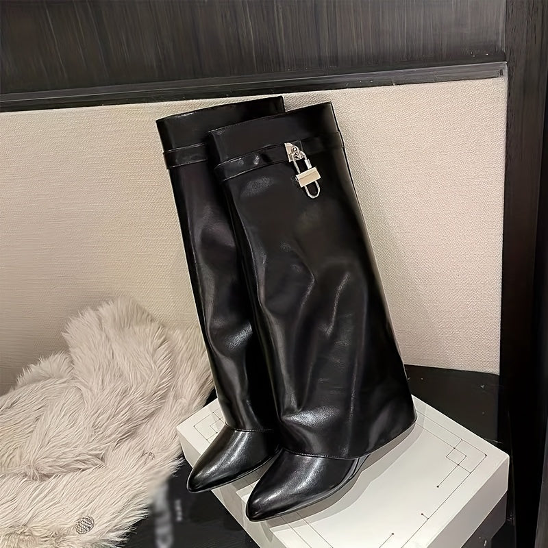 Knee-High Shark Boots with Lock-Buckle Pant Leg