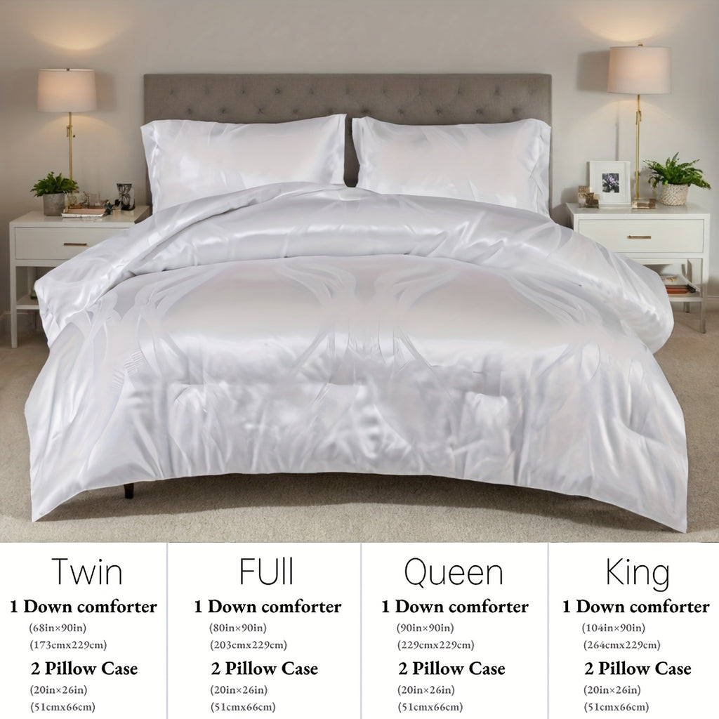 {3pcs} Golden/white Luxury Satin Jacquard Comforter Set