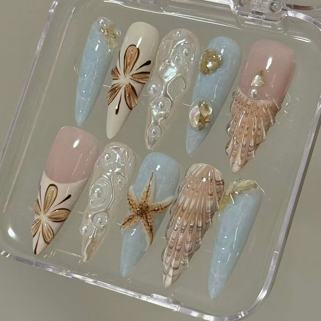 10 Full-Cover Nail Stickers Reusable Starfish And Shells