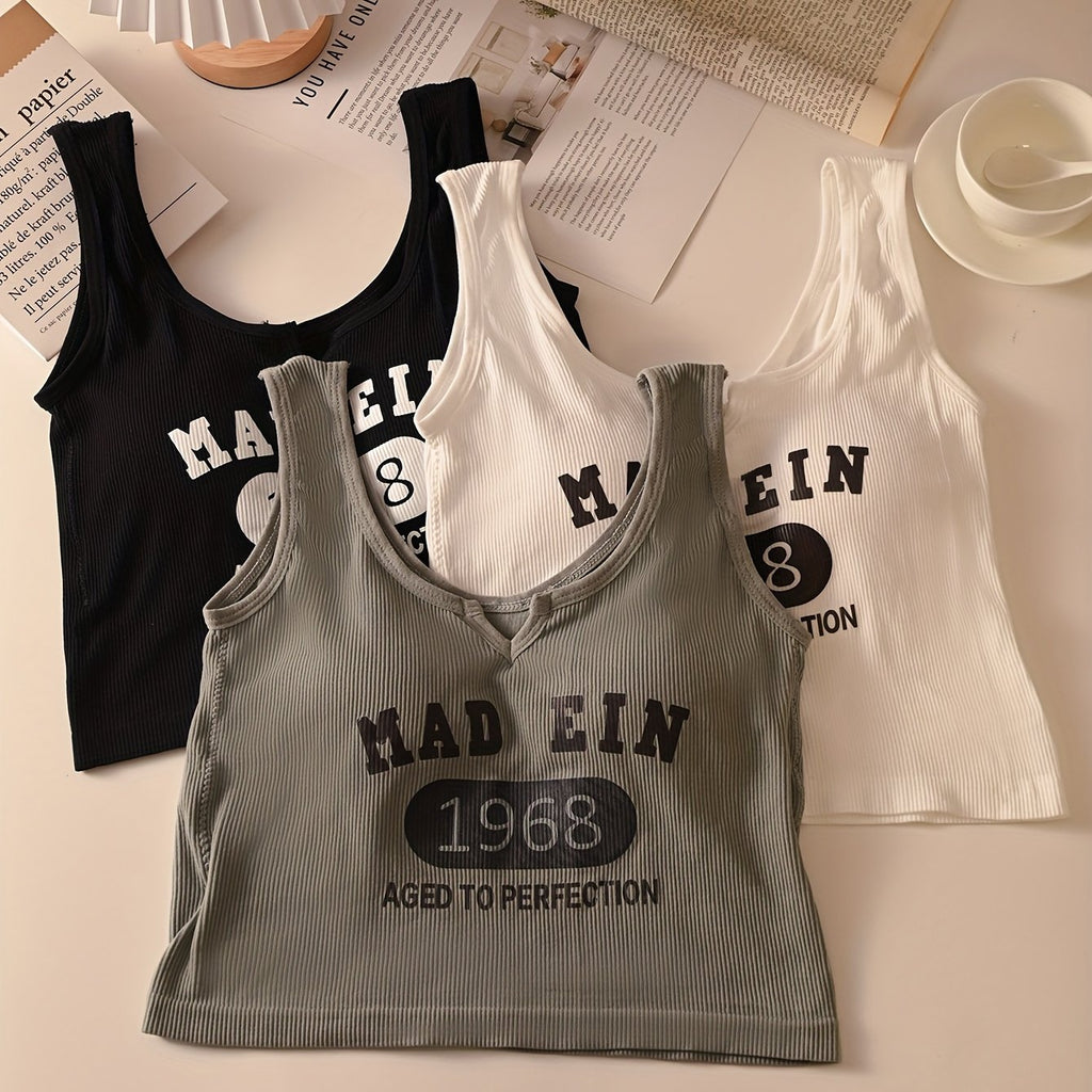{3pcs} Sleeveless V-Neck Tank Tops with Built-In Bra Pads